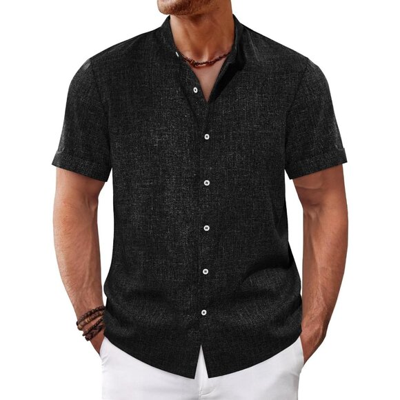 💫 Men Black Casual Button Down Shirts Short Sleeve Banded Collar Hippie Tops - Picture 1 of 5